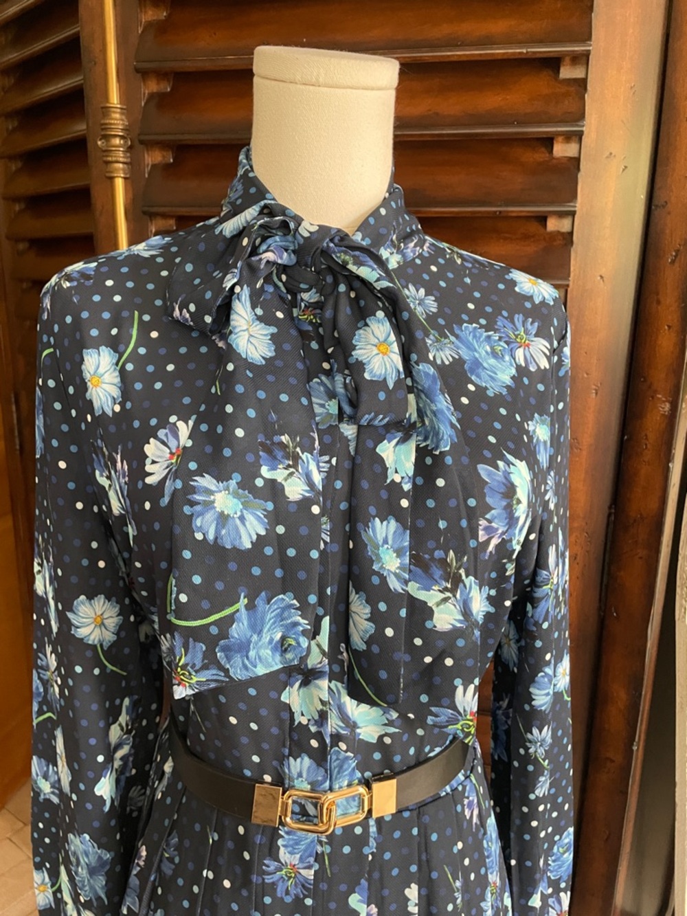 Gracia Navy Floral Tie-Neck Long Sleeve Dress Belt Spring Tea Party Large - Picture 2 of 14